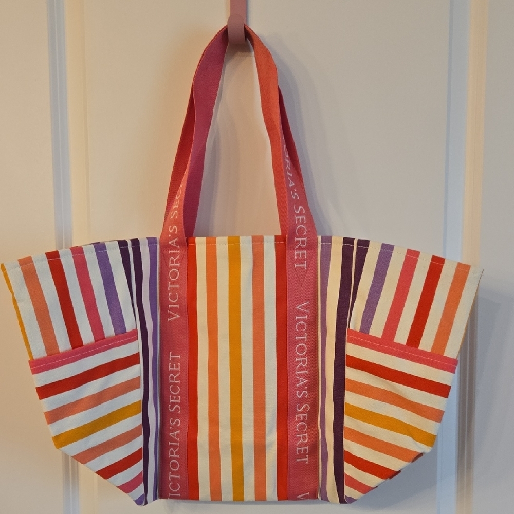 Victoria's Secret Red and Pink Tote Bag with Striped Design NWT - Picture 5 of 8